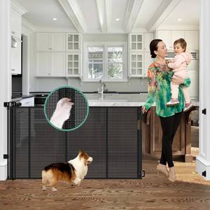 lot 17118 image: Reinforced 60 Wide Retractable Baby Gates with Upgraded Rods - Bottom Anti-Escape, 5 ft Mesh Baby Gate Retractable Dog Gate Indoor Pet Gate Retractable Stair Gate Outdoor Retractable Gate, Black - Retail $37