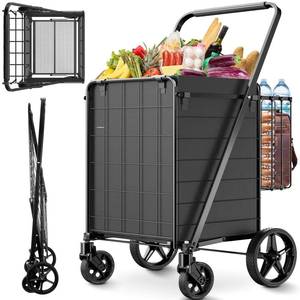 lot 17119 image: Folding Shopping Cart for Groceries,360 lbs Capacity Grocery Cart with Waterproof Liner and 360° Swiveling Wheels Collapsible Shopping Carts with Double Basket for Condo Laundry Transport Trip - Retail $80