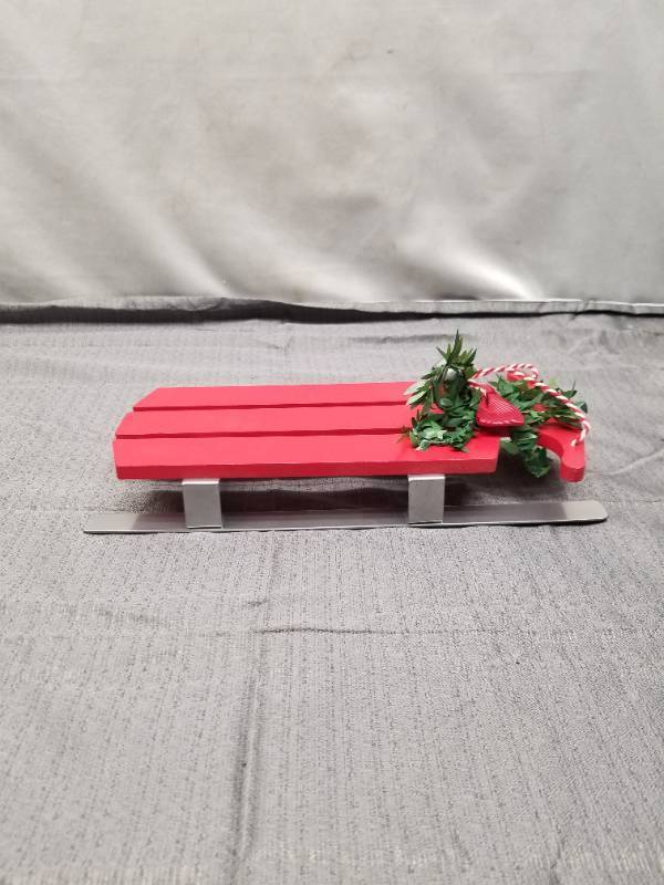 lot 12210 image: Decorative Red Wooden Sleigh with Metal Runners
