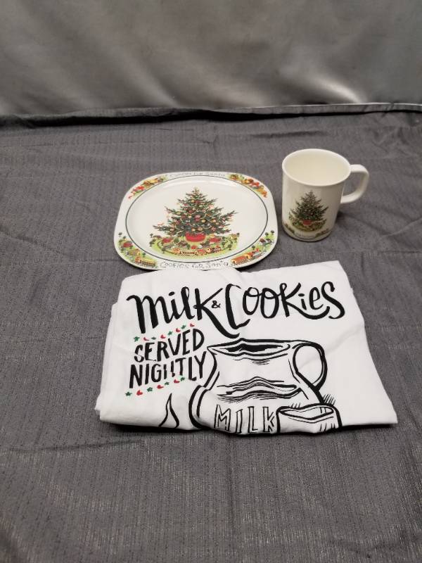 lot 12211 image: Christmas Cookie Plate Set with Matching Mug and Tea Towel