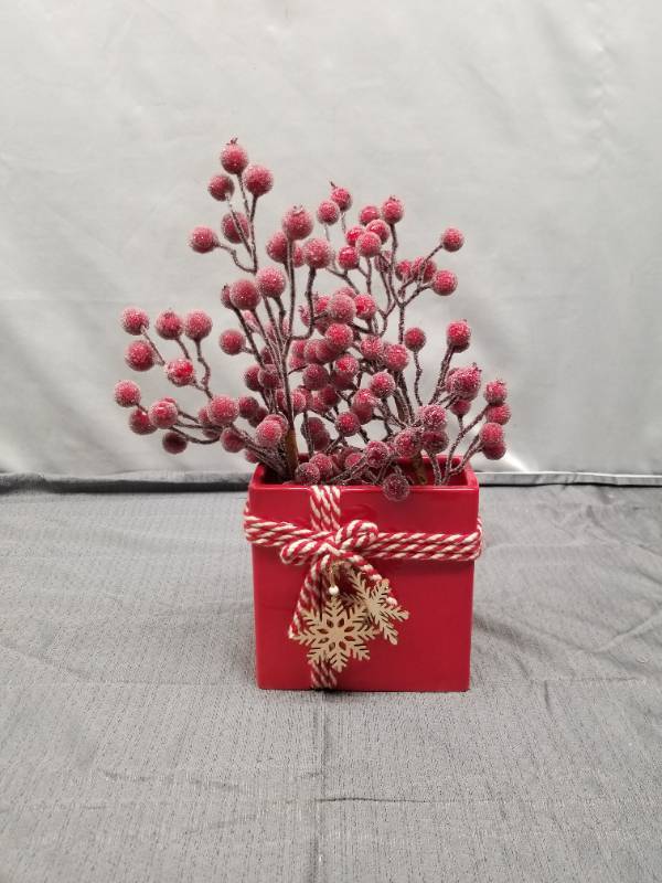 lot 12242 image: Red Berry Christmas Arrangement in Ceramic Planter with Snowflake Accent