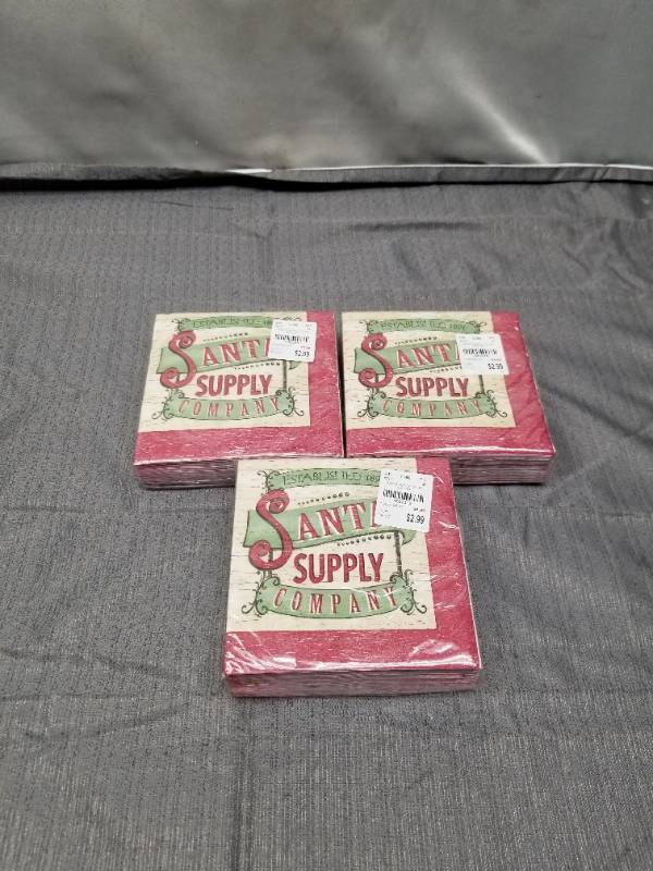 lot 12258 image: (3) Craftmaster Santa Supply Co 36-count Paper Beverage Napkins, 3-ply