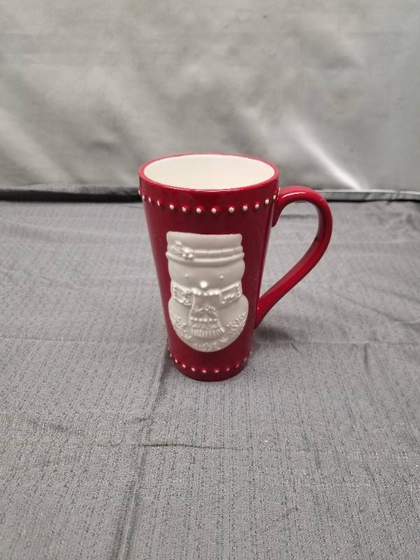 lot 12263 image: Red Ceramic Holiday Mug with Embossed Snowman Design