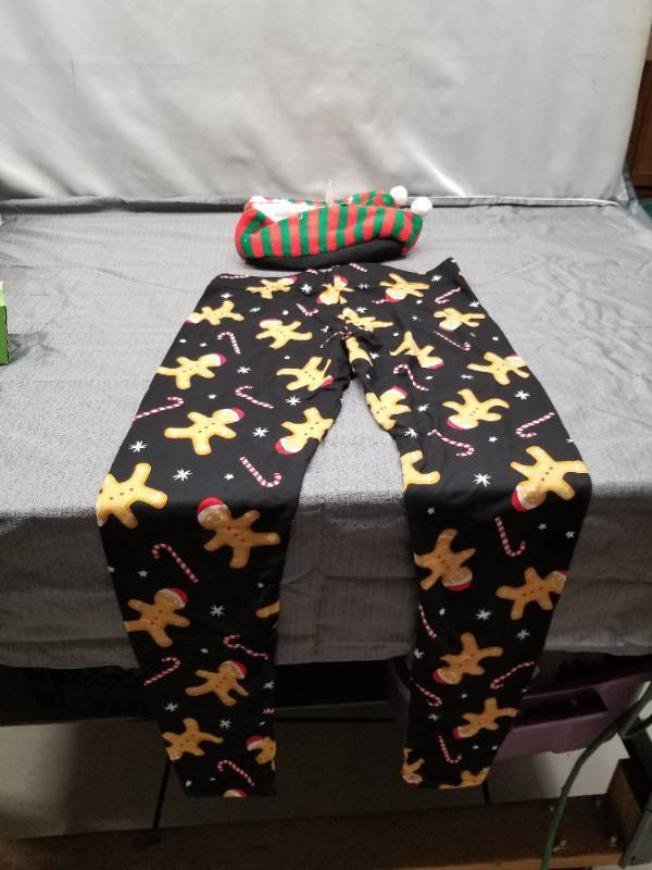 lot 12265 image: Christmas Gingerbread Man Pajama Pants with Elf Slipper