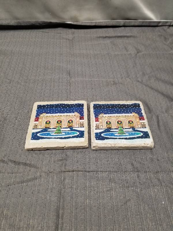 lot 12273 image: Union Station Kansas City Christmas Stone Coasters Set of 2
