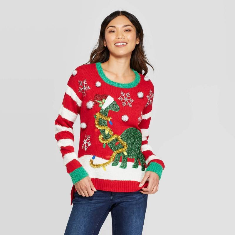 lot 12292 image: Womens Dinosaur Ugly Holiday Sweater - 33 Degrees (Juniors) - Red XL