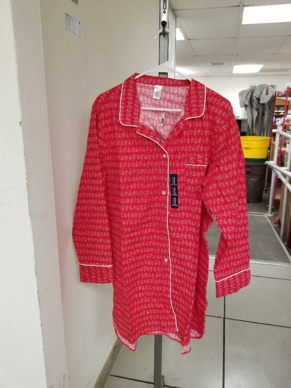 lot 12297 image: Red Christmas Tree Pattern Button-Down Nightshirt with White Piping