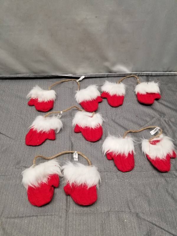 lot 12309 image: (5)Red Christmas Mitten Ornament with White Fur Trim and Jute Hanger