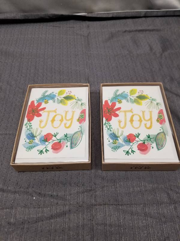 lot 12314 image: Joy Holiday Greeting Card Set - Floral Design with Gold Lettering