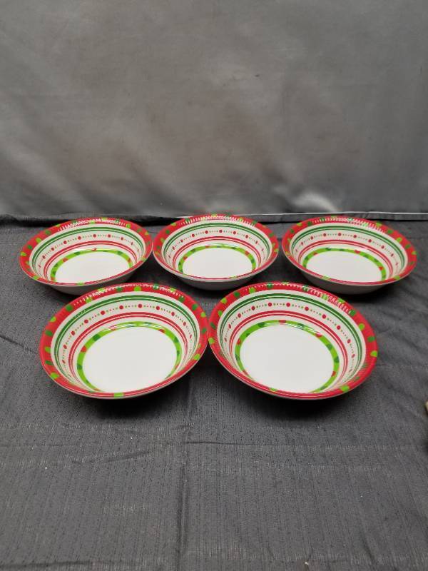 lot 12316 image: Set of 5 Holiday Pattern Ceramic Serving Bowls - Red and Green Stripe Design