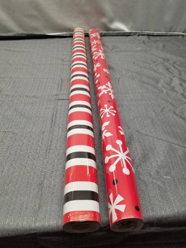 lot 12319 image: Holiday Gift Wrapping Paper Rolls - Red Striped and Snowflake Patterns