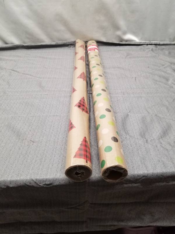 lot 12321 image: Holiday Gift Wrap Rolls - Buffalo Plaid Trees and Polka Dots