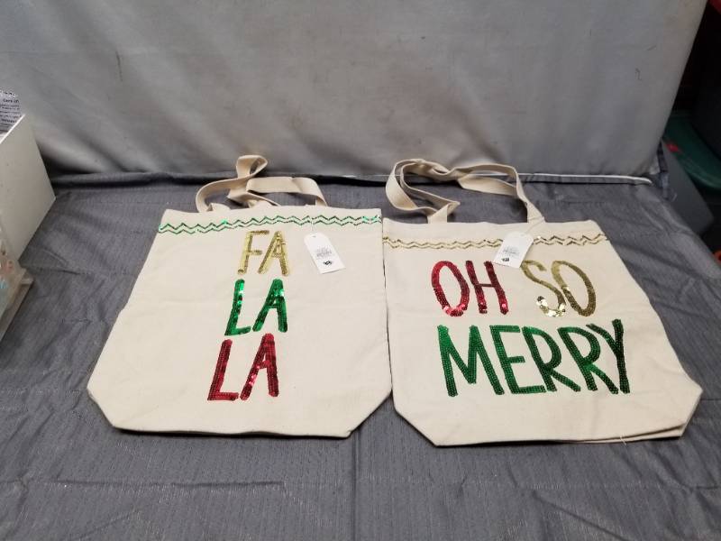 lot 12325 image: Holiday Canvas Tote Bags - Fa La La and Oh So Merry Sequin Design