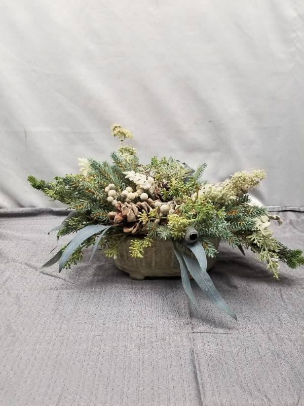 lot 12346 image: Holiday Floral Arrangement with Pine, Eucalyptus and White Berries in Stone Container