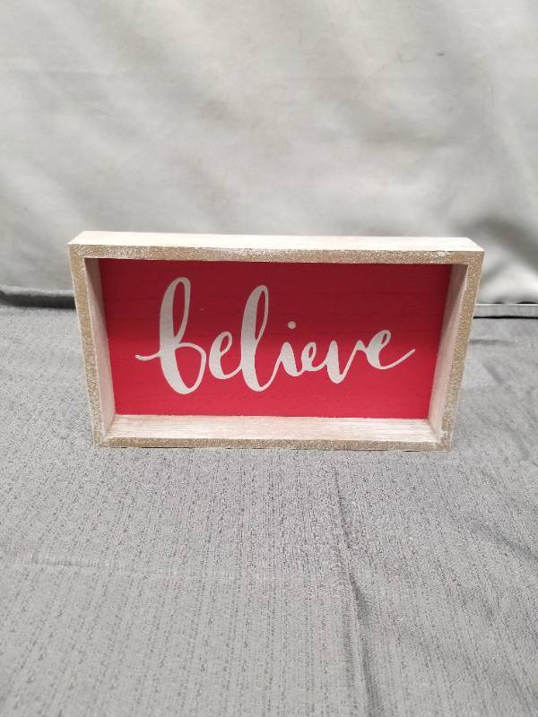 lot 12347 image: Believe Wooden Box Sign Red Background Silver Frame