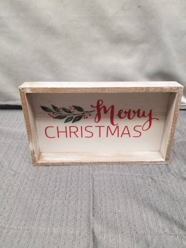 lot 12348 image: Merry Christmas Wooden Box Sign with Holly Design