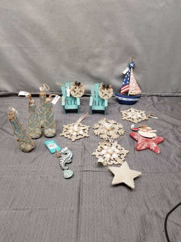 lot 12354 image: Coastal Beach Decor Collection - Miniature Adirondack Chairs, Sailboat, and Sea Life Ornaments