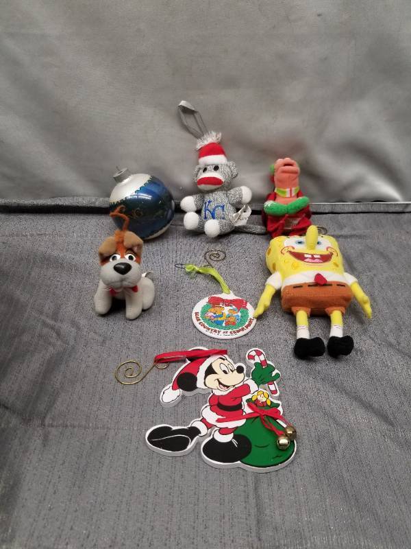 lot 12368 image: Christmas Ornament and Plush Toy Collection - Mickey Mouse, SpongeBob, Sock Monkey