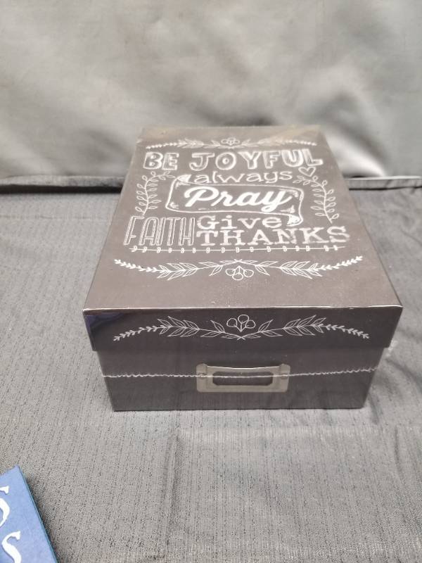lot 12375 image: Inspirational Quote Storage Box with Handle - Be Joyful Pray Faith Give Thanks