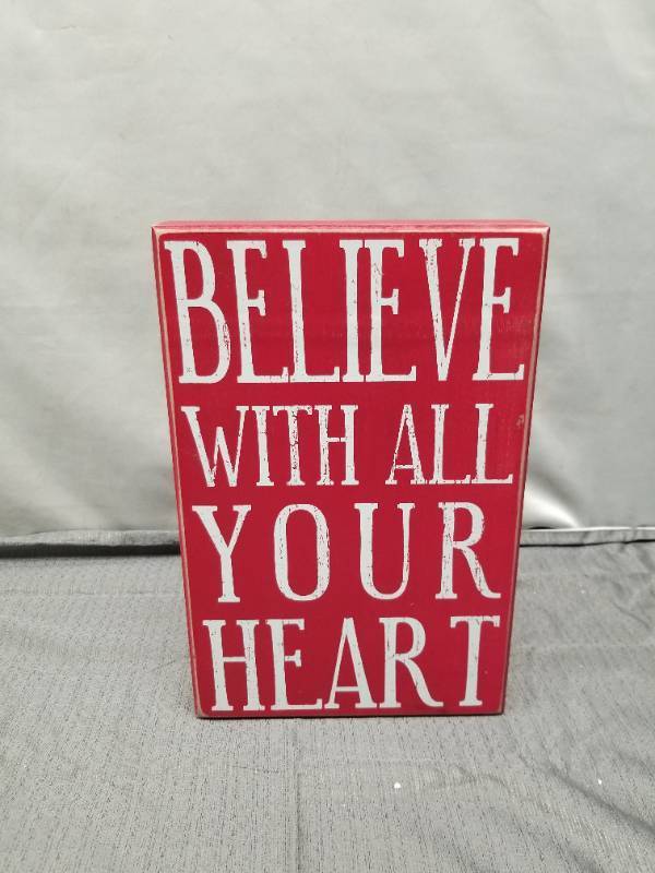 lot 12382 image: Decorative Red Wooden Box Sign - Believe With All Your Heart