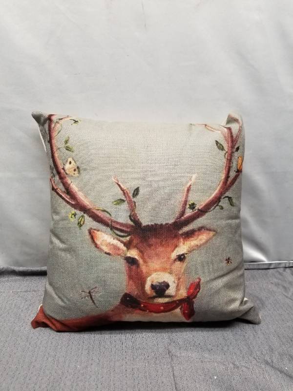 lot 12388 image: Holiday Reindeer Decorative Throw Pillow with Red Bow