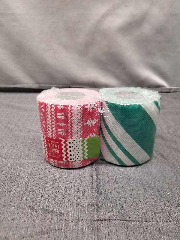 lot 12390 image: Holiday Novelty Toilet Paper Rolls - Christmas Pattern and Green Stripe Design