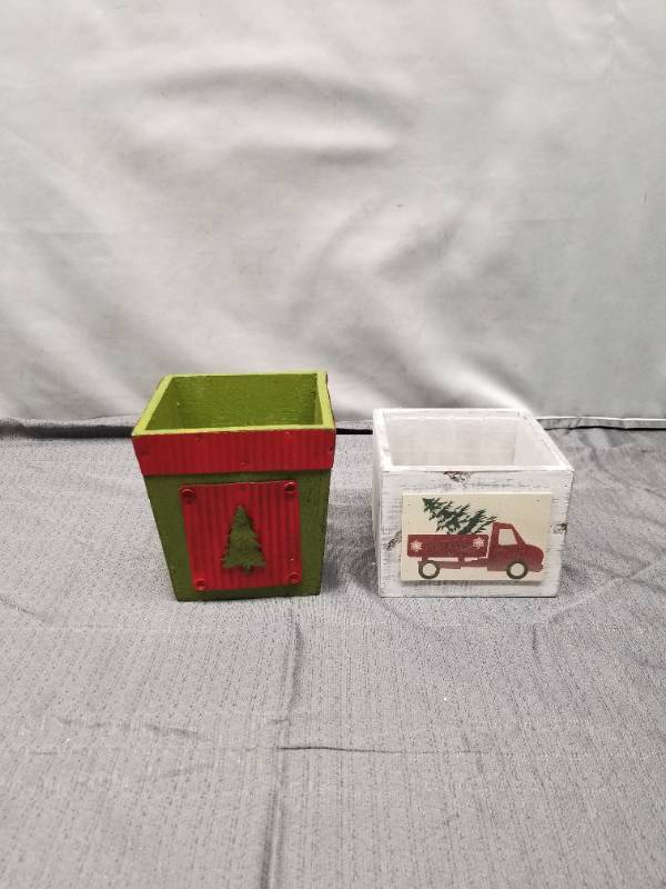 lot 12392 image: Christmas Decorative Wood Planter Boxes - Holiday Tree and Truck Design