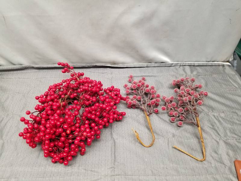 lot 12394 image: Artificial Berry Stems - Red Holly Berries and Pink Frosted Berry Picks