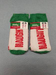 lot 3178 image: (2) NaughtyNice Holiday Message Socks