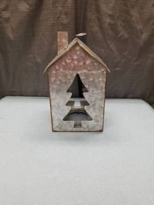 lot 3182 image: Hammered Metal Christmas Tree Candle House