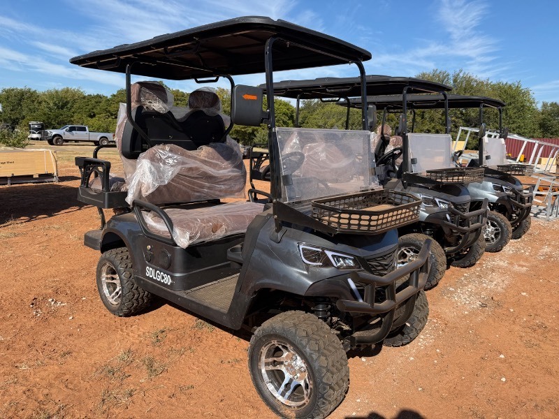 lot 1456 image: Unused SDLGC80 Four Seat Lifted 60 Volt Golf Cart with LED lights, Flip back seat and Bluetooth Screen, Speakers