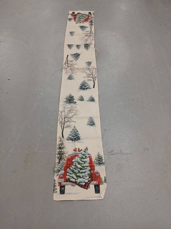 lot 5681 image: Christmas Red Truck Table Runner with Snow Scene 90 x 12 12 inch - Retail $24