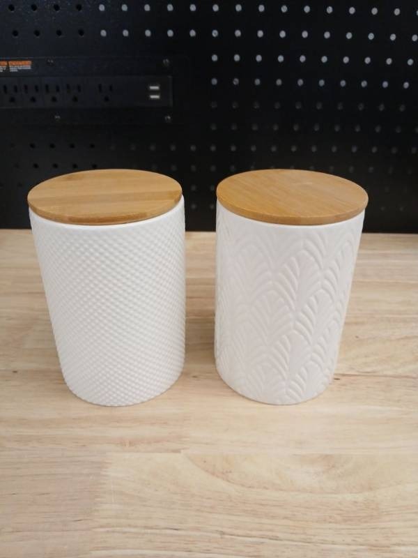 lot 40431 image: Modern Ceramic Storage Canisters with Bamboo Lids - Retail $25