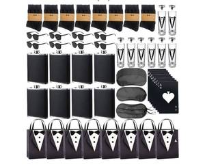 lot 42549 image: 64Pcs Groomsmen Gifts, Groomsmen Proposal Gift Set of 8 with Steel Hip Flasks Shot Glasses Socks Gift Bags Card Bottle Opener Sunglasses for Wedding Groomsman Best Man Gift - Retail $68