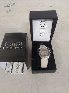 lot 3745 image: Ecclissi Sterling Silver Watch with White Leather Band