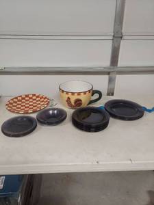 lot 4074 image: Country Rooster Tea Cup and Saucer Set with Checkered Pattern and dishes