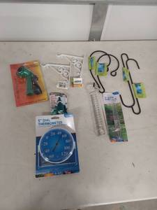 lot 1308 image: Garden Accessories Bundle - Thermometer, Rain Gauge and Hooks