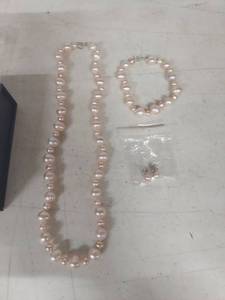 lot 1409 image: Pink Pearl Sterling Silver Necklace, Earrings and Bracelet