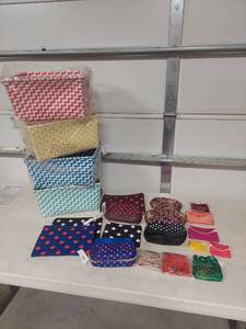 lot 1445 image: Woven Storage Basket Set and Zippered Pouches
