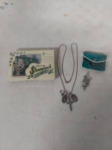 lot 1478 image: Irish Shamrock Rosary Beads Set with Case, Religious Necklace and Angel Pin