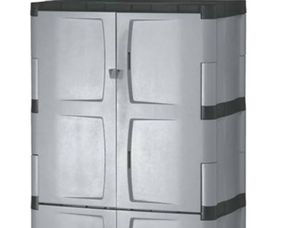 lot 15093 image: Rubbermaid Freestanding Storage Cabinet Five Shelf with Double Doors Lockable Large 690-Pound Capacity Gray For GarageOutdoor Garden ToolsToysPower ToolsPool Accessories Grey - Retail $139