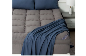 lot 15097 image: Gray Quilted Cotton Mattress Topper with Navy Throw - Retail $73