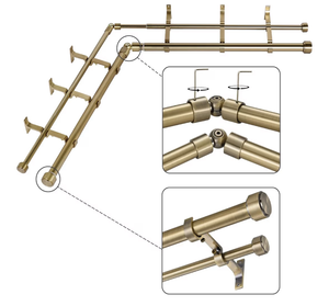 lot 13706 image: Antique Bronze Double Corner Window Curtain Rods with Aluminum End Cap Finials and Brackets,1 Inch Diameter Dual Bay Window Curtain Rods, Adjustable 2 Sided 36-72 Inch Double Drapery Rod - Retail $45