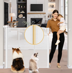 lot 13710 image: Reinforced 42 Extra Tall Retractable Baby Gates Tall Dog Gate with Support Rods, 55 Wide Mesh Gate Retractable Pet Gate IndoorOutdoor Baby Gates for Dogs - Bottom Anti-Escape, White - Retail $51