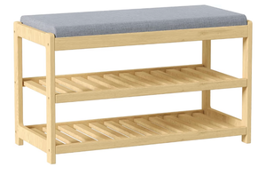 lot 13725 image: Shoe Bench Entryway, 100% Solid Solid Wood Shoe Rack Bench with Storage and Cushion Padded Seat, 3-Tier Shoe Organizer for Hallway Living Room, Mudrooms, Light Oak - Retail $70