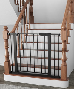 lot 13730 image: Cumbor 29.7-40.6 Baby Gate for Stairs, Baby Essential Safety Gate, Moms Choice Awards Winner-Dog Gate for Doorways, Pressure Mounted Auto-Close Pet Gates for Dogs Indoor, Durable Child Gate, Black - Retail $100