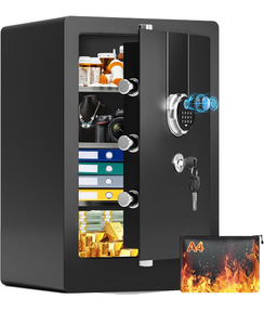 lot 13733 image: 5.1 Cuft Large Biometric Fireproof Safe for Home Use, Quick-Access Fingerprint Safe Box with Fireproof Document Bag, 3 Removable Shelves and Dual Alert, Security Safety Box for Home Office - Retail $240