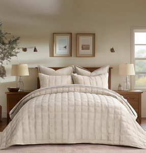 lot 13734 image: EVERGRACE 3 Pieces Velvet Quilt King Size Bedspread Coverlet Set Beige 108x96 - Retail $80