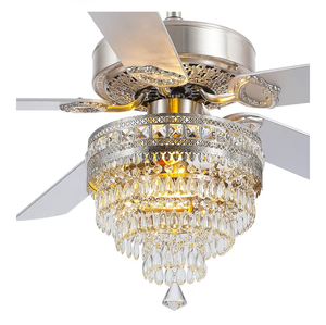 lot 13738 image: Asyko Crystal Ceiling Fan Fandelier with Lights and Remote Control, 52 Modern Chandelier Ceiling Fans with Reversible Blades, Silent Motor, Fandelier Ceiling Fan with Light Chrome, Remote is missing buttons - Retail $150