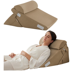 lot 13748 image: Bedluxe 3Pcs Orthopedic Bed Wedge Pillow Set, Foam Wedge Pillow Post Surgery for Back, Leg and Knee Support, Adjustable 9&12 Inch Folding Triangle Pillow for Sleeping, Acid Reflux, Snoring, Brown - Retail $56